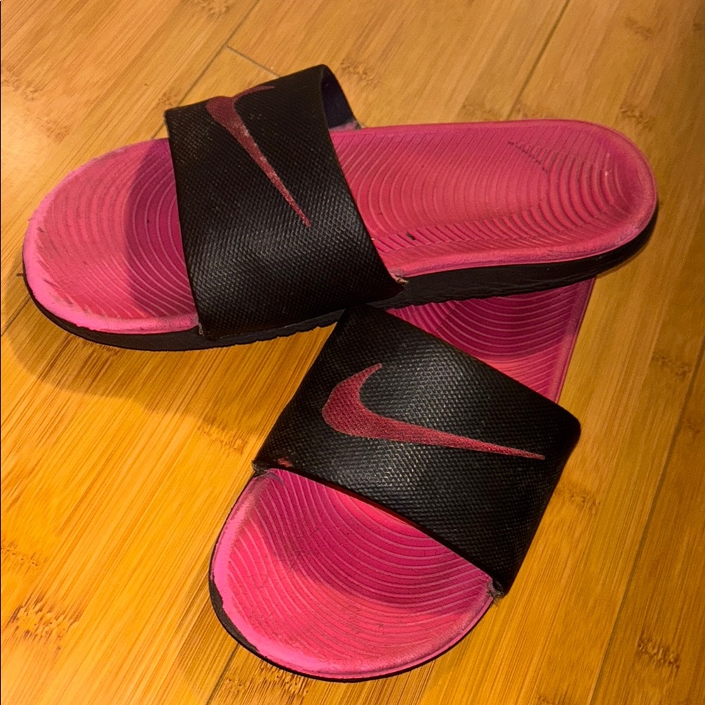 Nike Black and Pink Slide Sandals